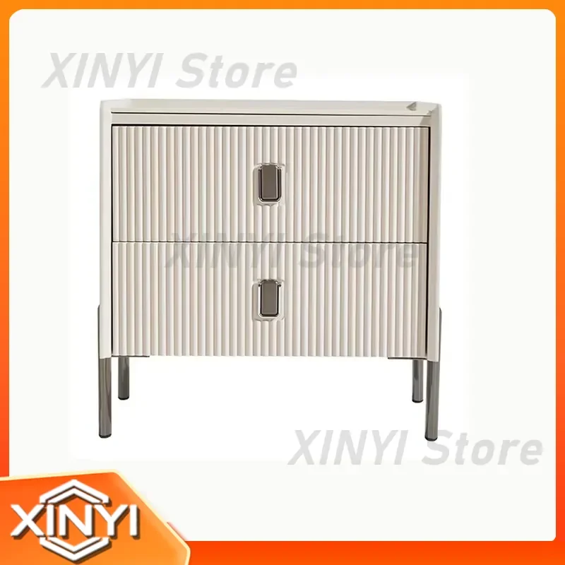 Smart Luxury Cream Bedside Cabinet for Home Apartment Solid Wood Minimalist Nightstand with 2 Storage Drawers Bedroom