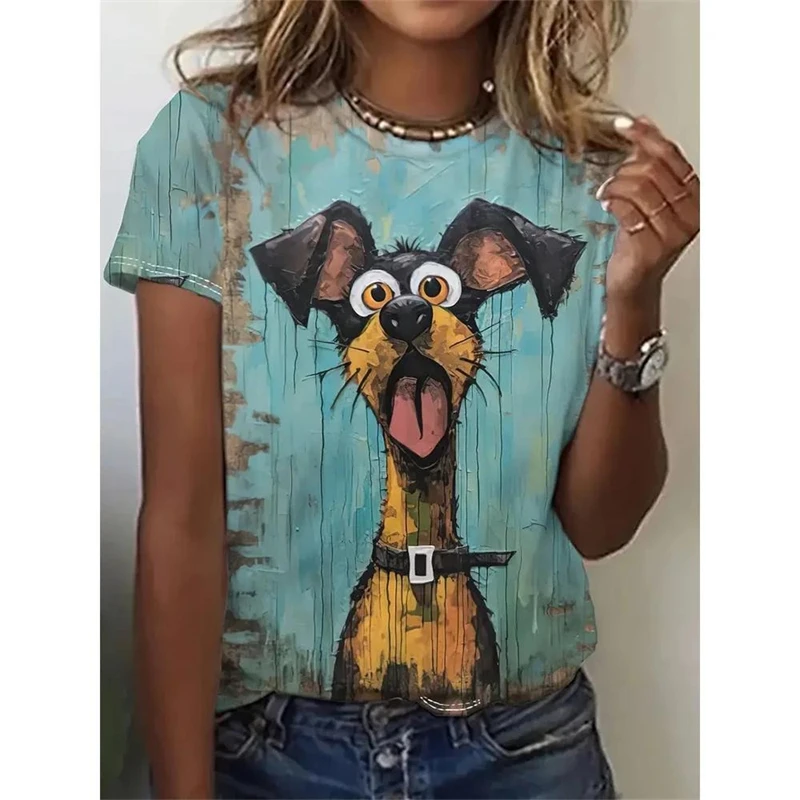 3d Print Funny Animal Graphic T-shirt For Women Cute Cat Painting Loose Short Sleeve T Shirts Summer Leisure Fashion Oversized