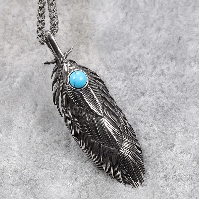 New Style Vintage Viking Lake Blue Stone Inlaid Metal Feather Pendant Necklace Men Punk Rock Biker Jewelry gift