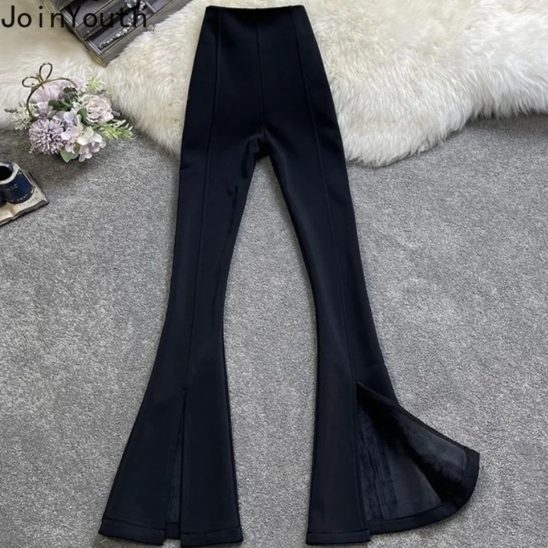 Pantalones ajustados de cintura alta para mujer, pantalón sencillo y grueso con abertura, color negro, Estilo Vintage, novedad de 2022