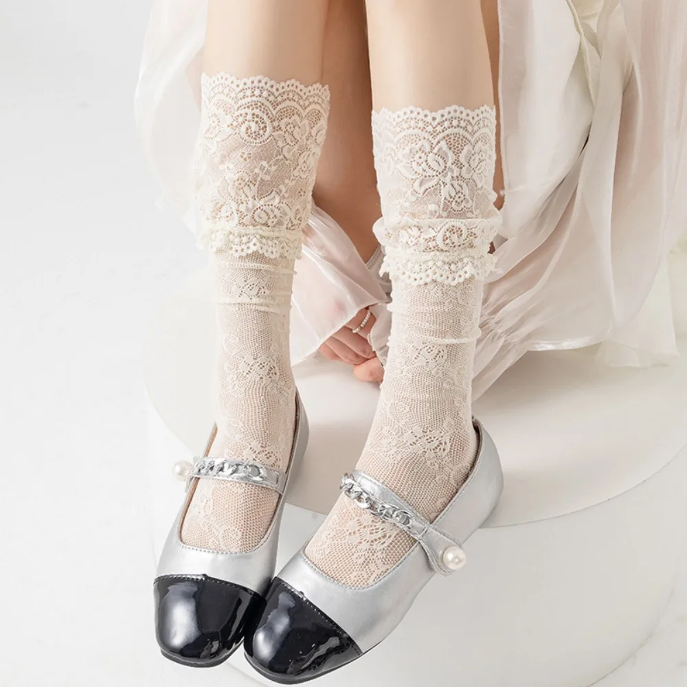 1 Pair Thin Material Fishnet Socks Lace Design Comfortable Lace Trim Socks Hollow Edge Lolita Sock Japanese Style