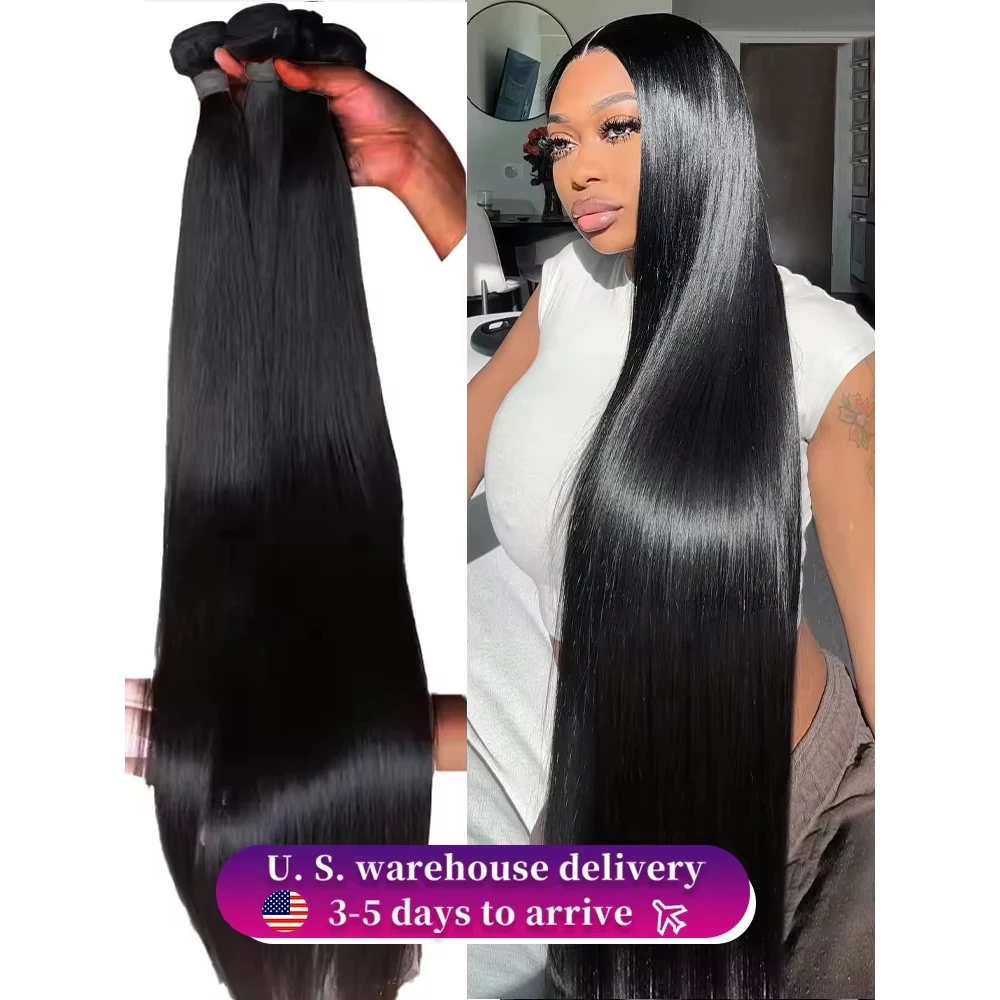 

14A Пучки прямых человеческих волос с костями, 100% необработанные бразильские необработанные человеческие волосы 30, 40 дюймов, двойные пучки Remy, плетение наращивания