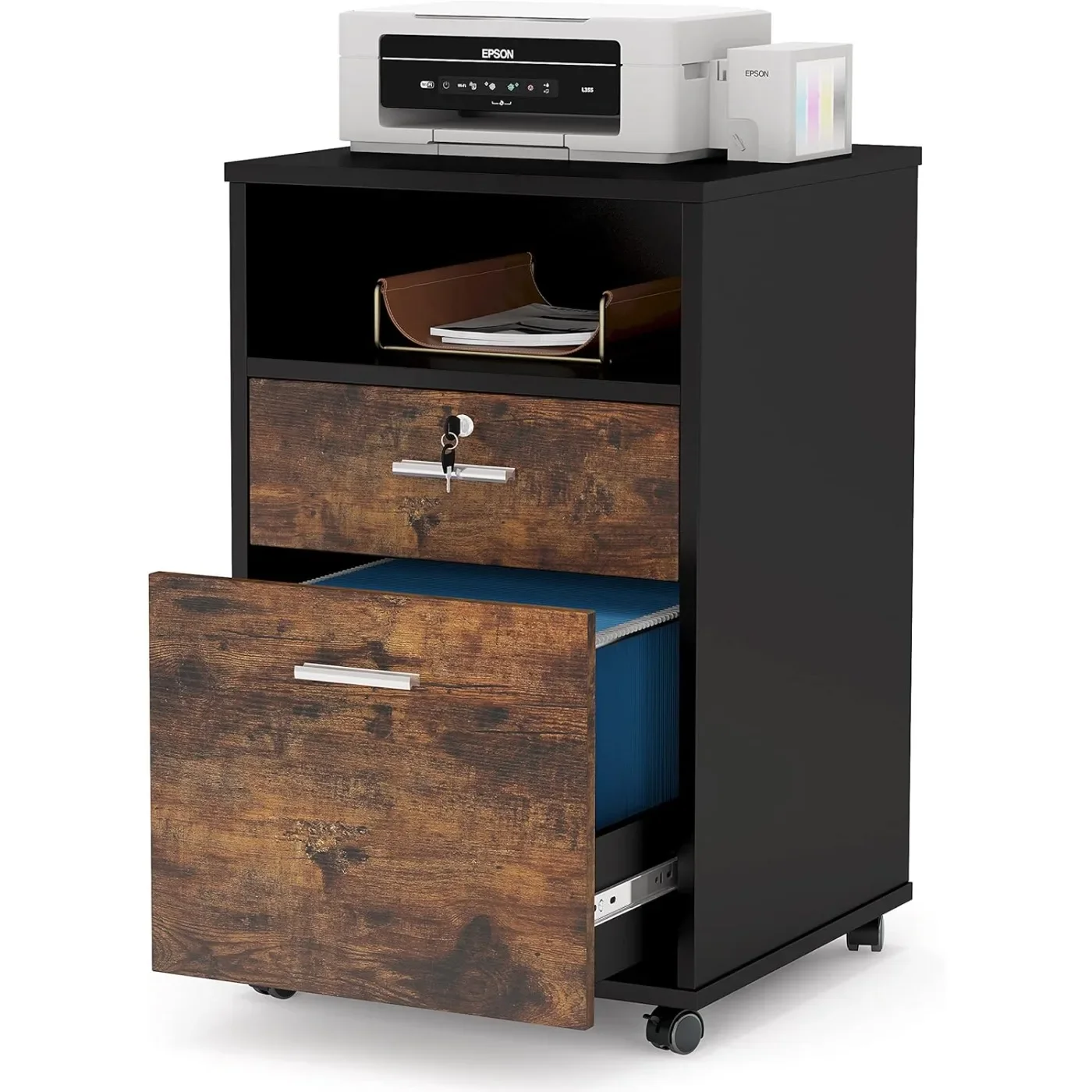 Mobile File Cabinet with Lock, Modern Printer Stand with Rolling Wheels Open Storage Shelf for Home Office (Brown)