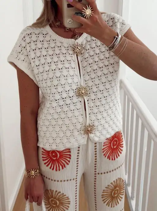 

Повседневный женский вязаный топ с короткими рукавами, трикотаж, минималистичная отпускная футболка с короткими рукавами и вырезами, шерстяная женская одежда