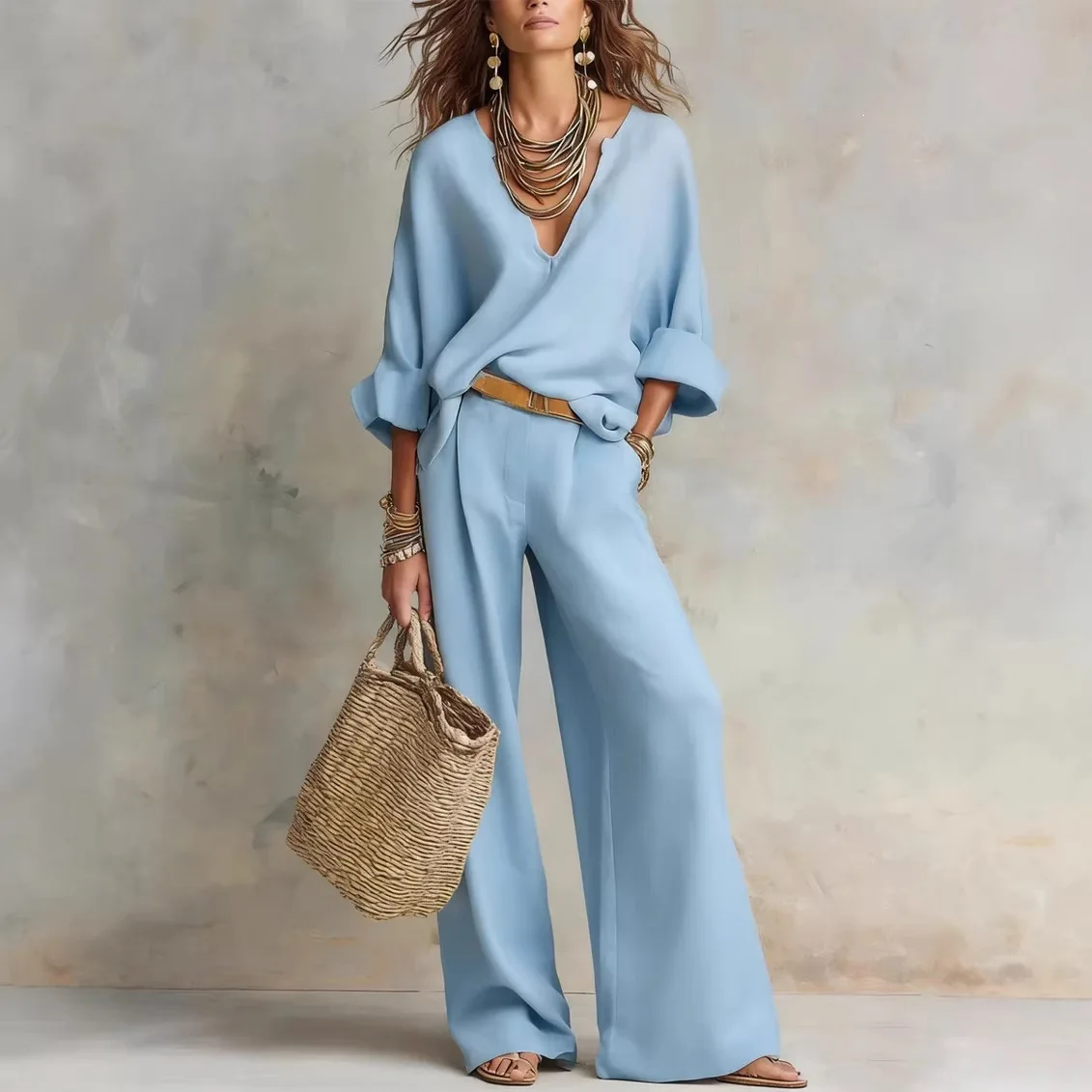 Vintage Women Simple Casual Pure Cotton Linen V Neck Batwing Sleeve Top Wide Leg Pants Casual Loose Outfit For Summer Vacation - view 3