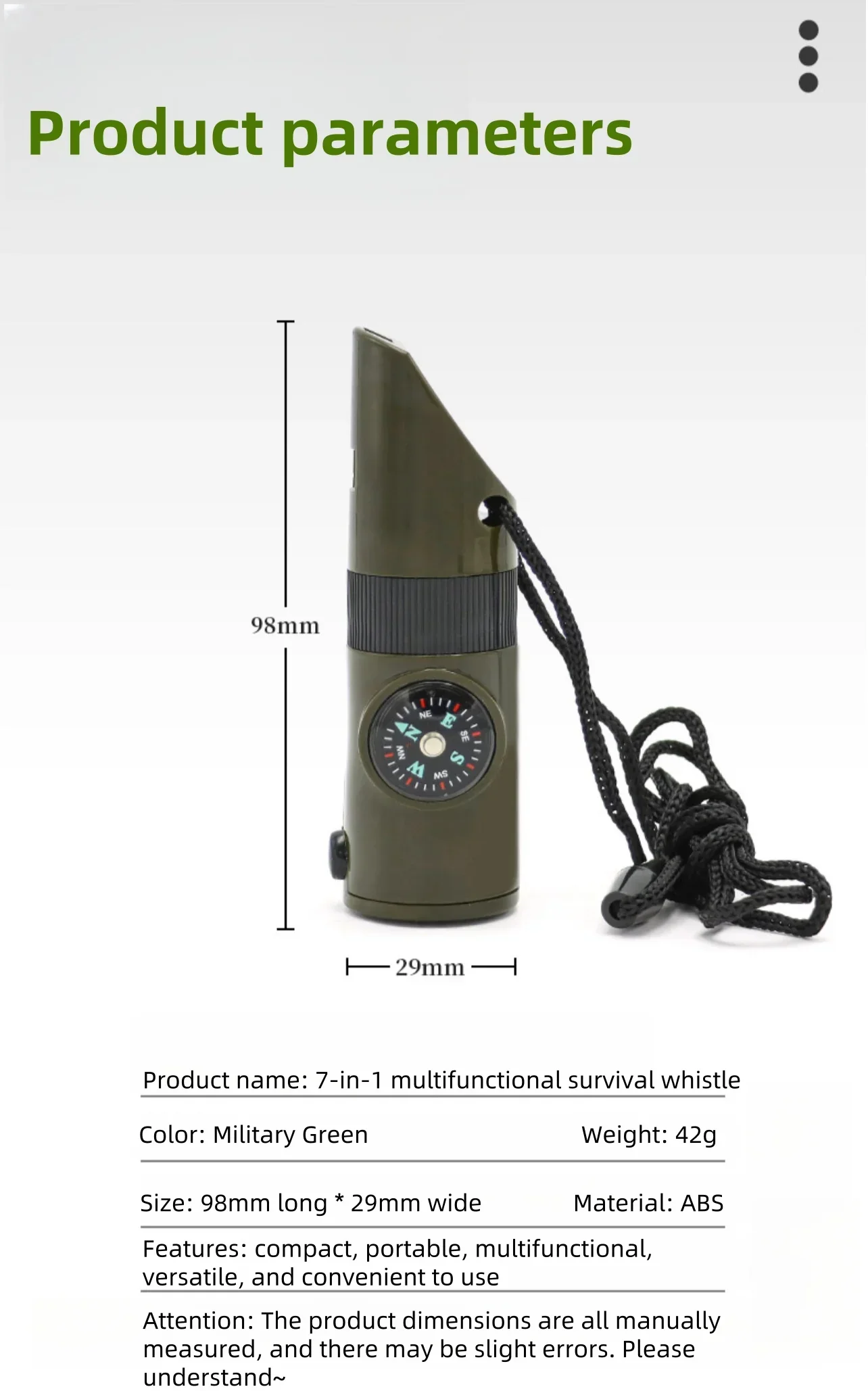 Jungle Survival Whistle with Compass Mirror Flashlight Magnifier LED Light Thermometer Storage Hiking Tool