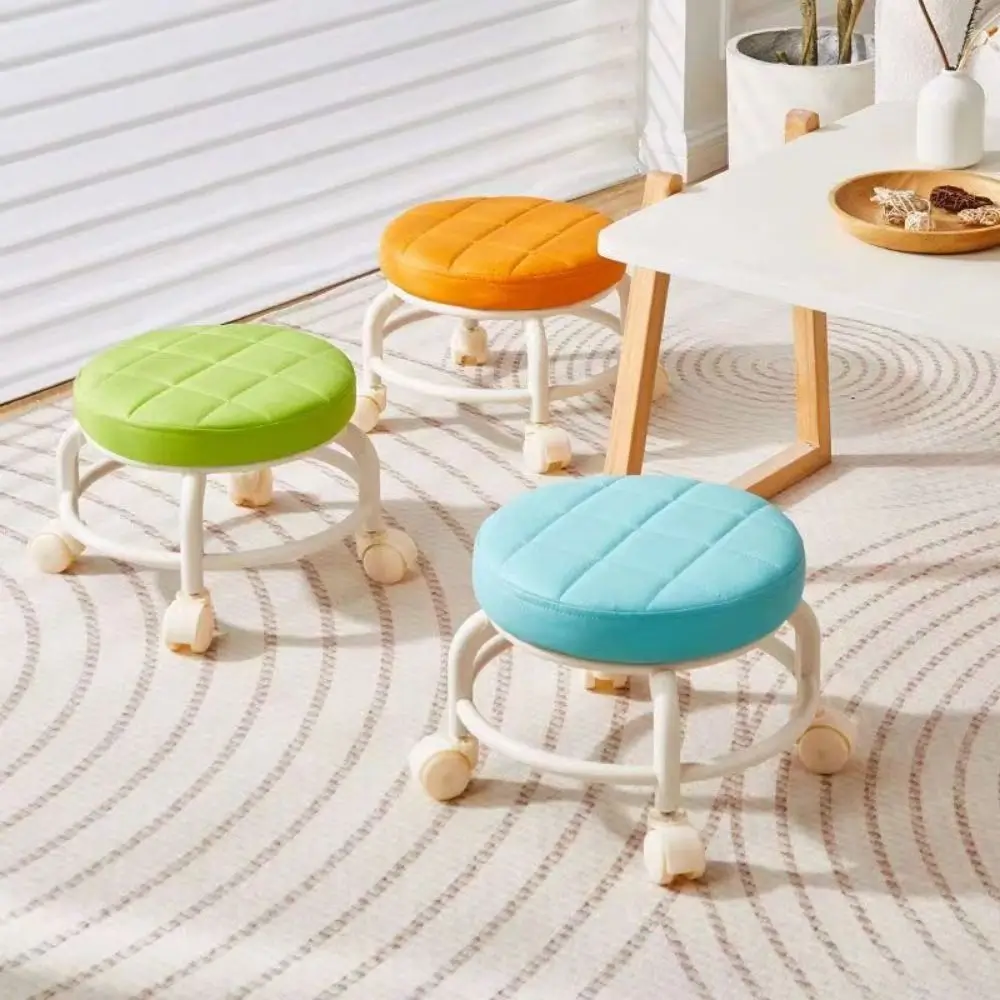

PU Leather Rotating Rolling Stool 360 Degree Rotating Waterproof Rolling Pulley Chair Sturdy Universal Wheel Low Seat Household