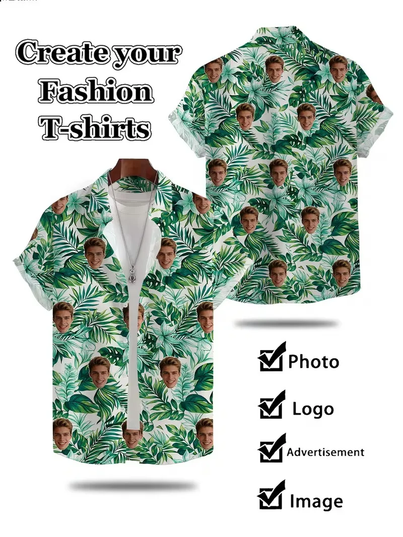 Custom Face Pink Flamingo Print Hawaiian Shirts Personalized Photo Tropical Palm Leaf Short Sleeve Button Down Beach Shirt