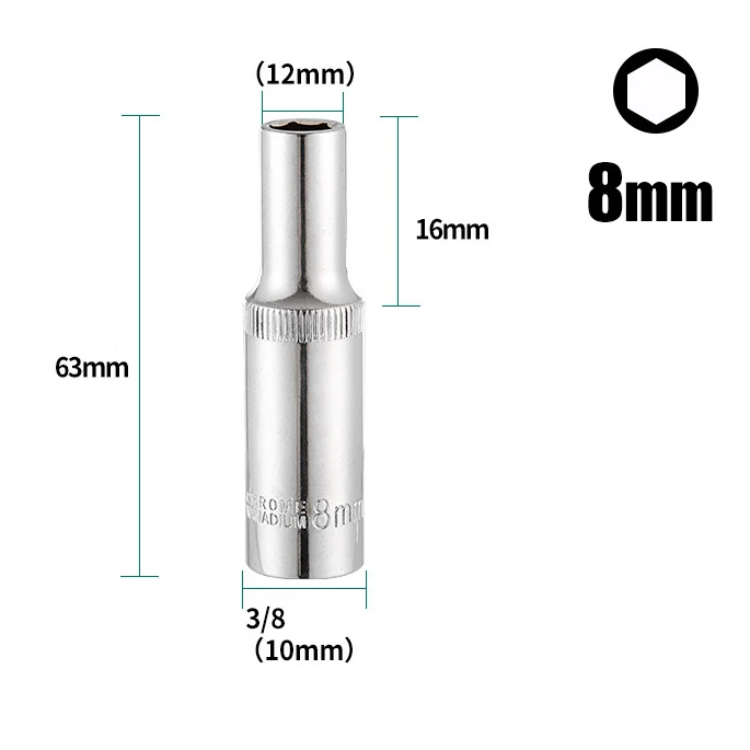 1PC 3/8inch Deep Socket Adapter Hex Socket Wrench Heads Chromium-vanadium Steel Wrench Adapter Ratchet Tool 8-24mm