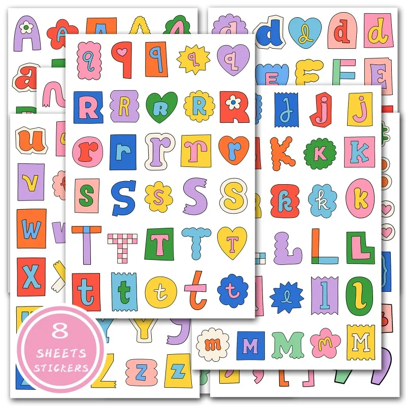 8 Sheets Cute Alphabet & Symbol Label Stickers - Pastel English Letter Decals for Student Journal, Diary