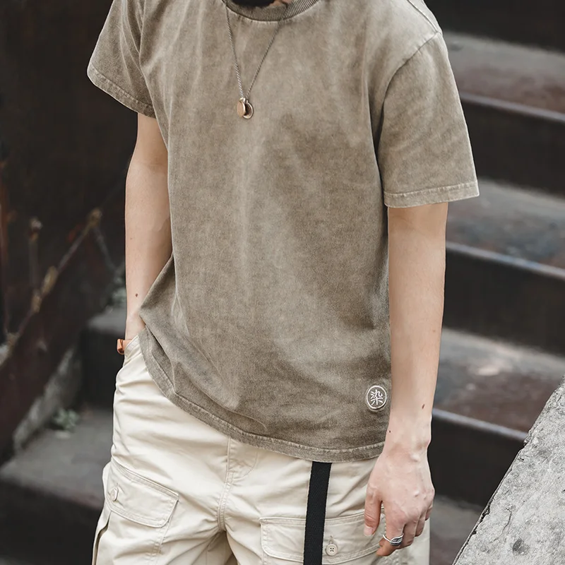 Maden خمر الباتيك المتعثرة قصيرة الأكمام تي شيرت الرجال الصيف غسلها القطن فضفاضة تناسب طاقم الرقبة المحملة عادية التطريز القمم