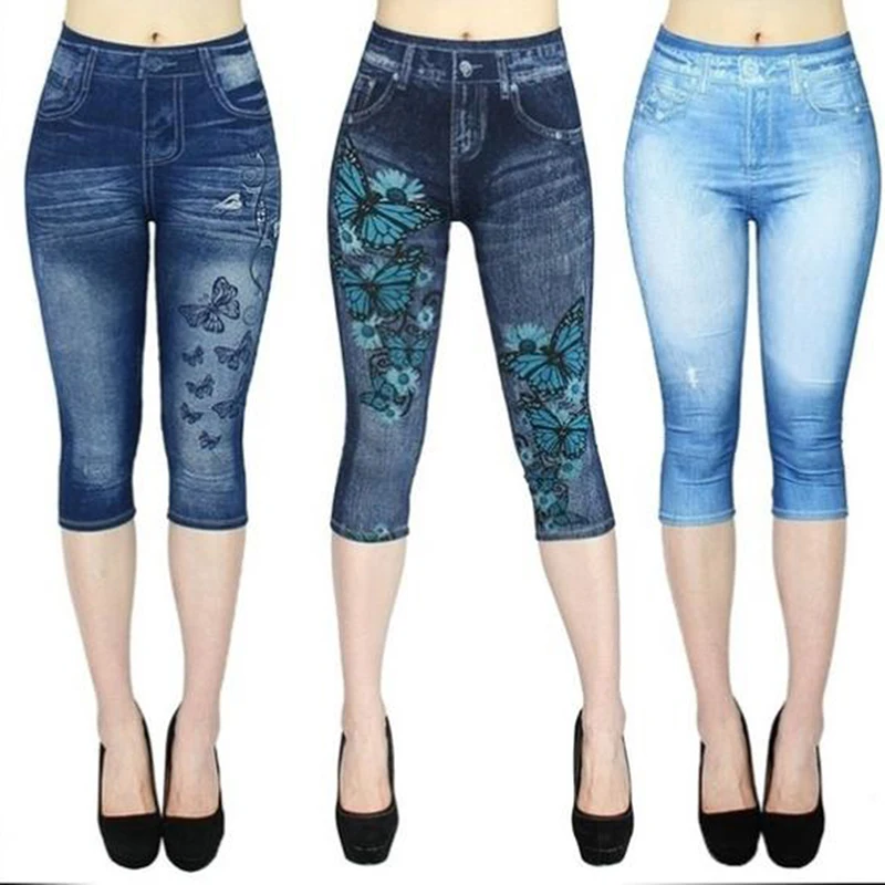 Mallas vaqueras falsas para mujer, Leggings cortos elásticos con estampado, talla grande, hasta la pantorrilla, pantalones de verano, Jeggings de