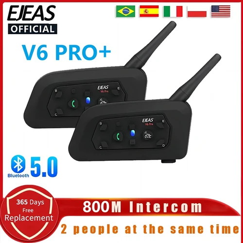 EJEAS V6 PRO + casco de motocicleta auriculares Bluetooth intercomunicador comunicador 800M para 2 conductores IP65 impermeable música interfono