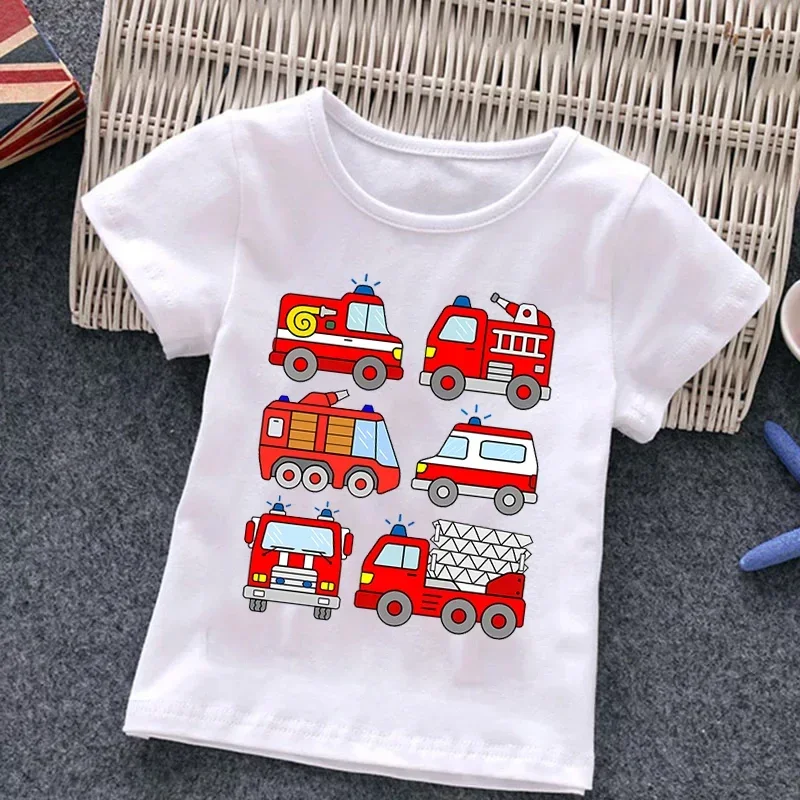 Kids Clothes Firetruck Print Short-sleeved T-shirts Firefighter Children Cartoon Car Cotton Tee Excavator Boys Girls Clothing