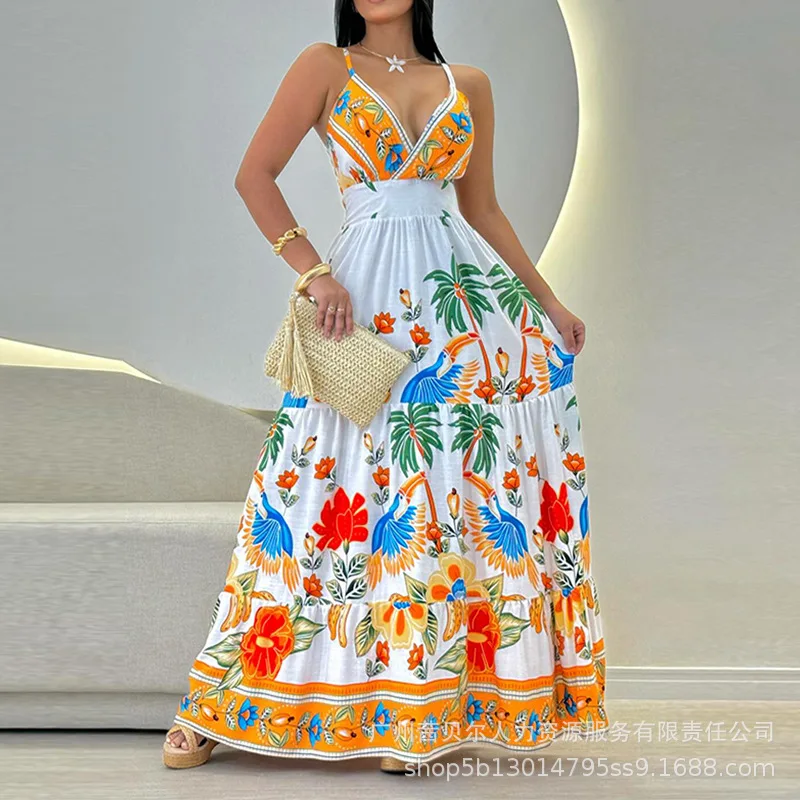 Tropical Print Striped Ruched V Neck Maxi Dress Women Summer Long Loose Maxi Dress High Waist Floral Flower Sleeveless