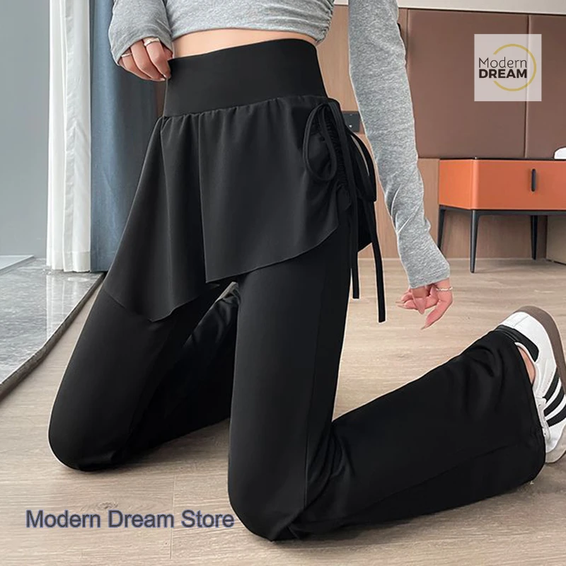 한국산 페이크 투피스 요가 힙 스커트 마이크로 라 캐주얼 바텀 팬츠 여성 가을 패션 조커 하이웨이스트 엘라스틱 팬츠