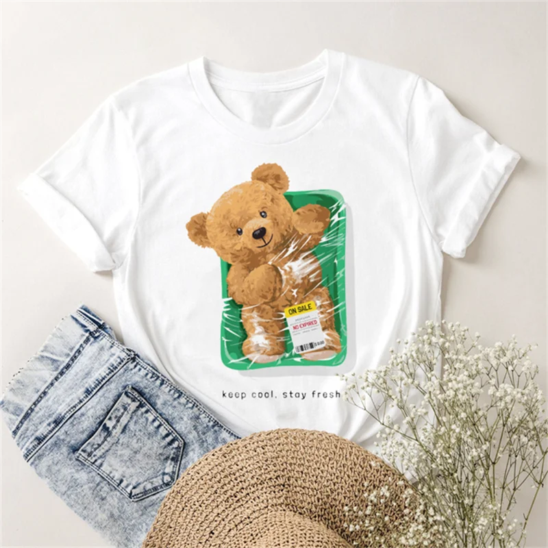 New Fun Teddy Bear Pattern Women's T-shirt Fashion Street Casual Short Sleeve O-Neck Top Simple Cute Breathable White T-shirt