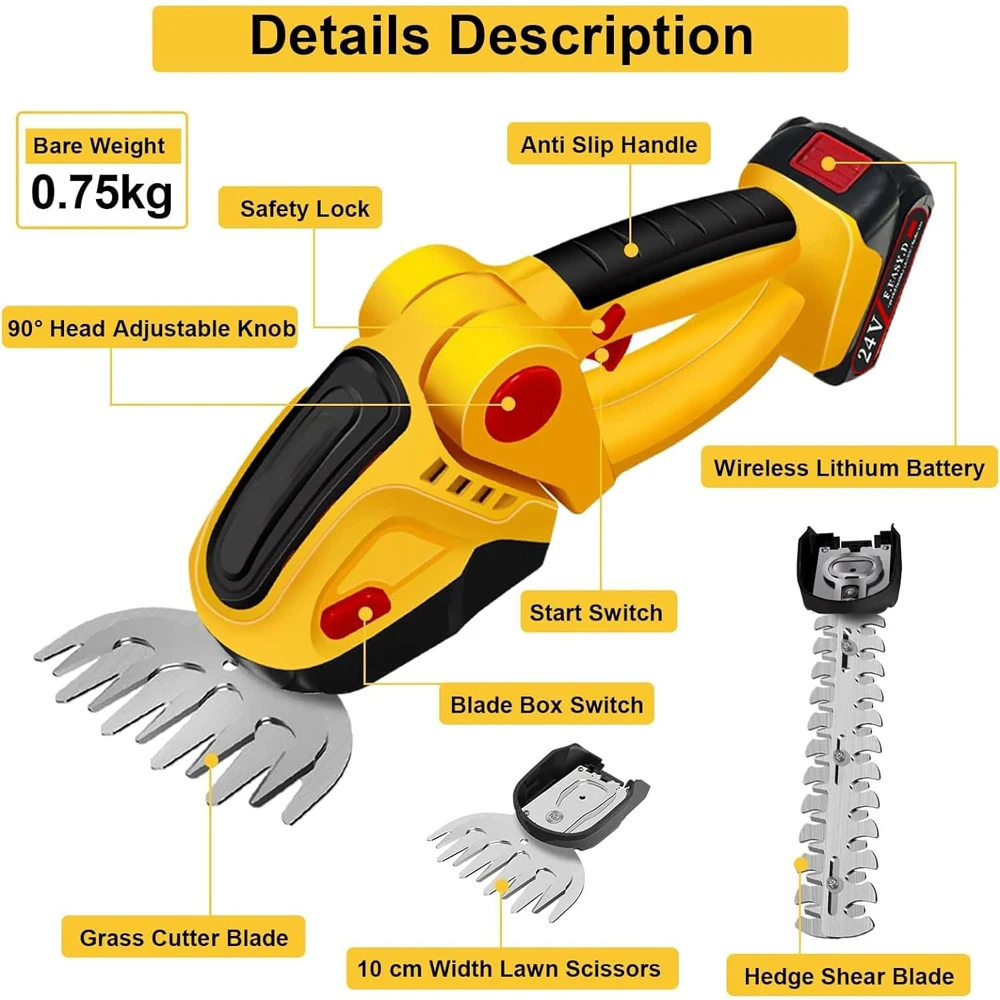 2 IN 1 Cordless Electric Hedge Trimmer 20000RPM Rechargeable Handheld Household Shrub Weeding Pruning Mower Garden Tools