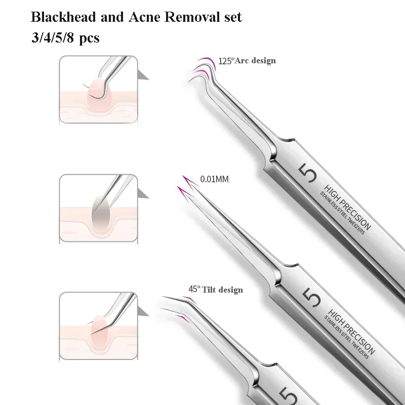 Agulhas de acne de aço inoxidável, 3 a 8 peças, removedor de cravo, ferramentas de limpeza dos poros, cuidados faciais profissionais, ferramentas de beleza, cuidados com a pele