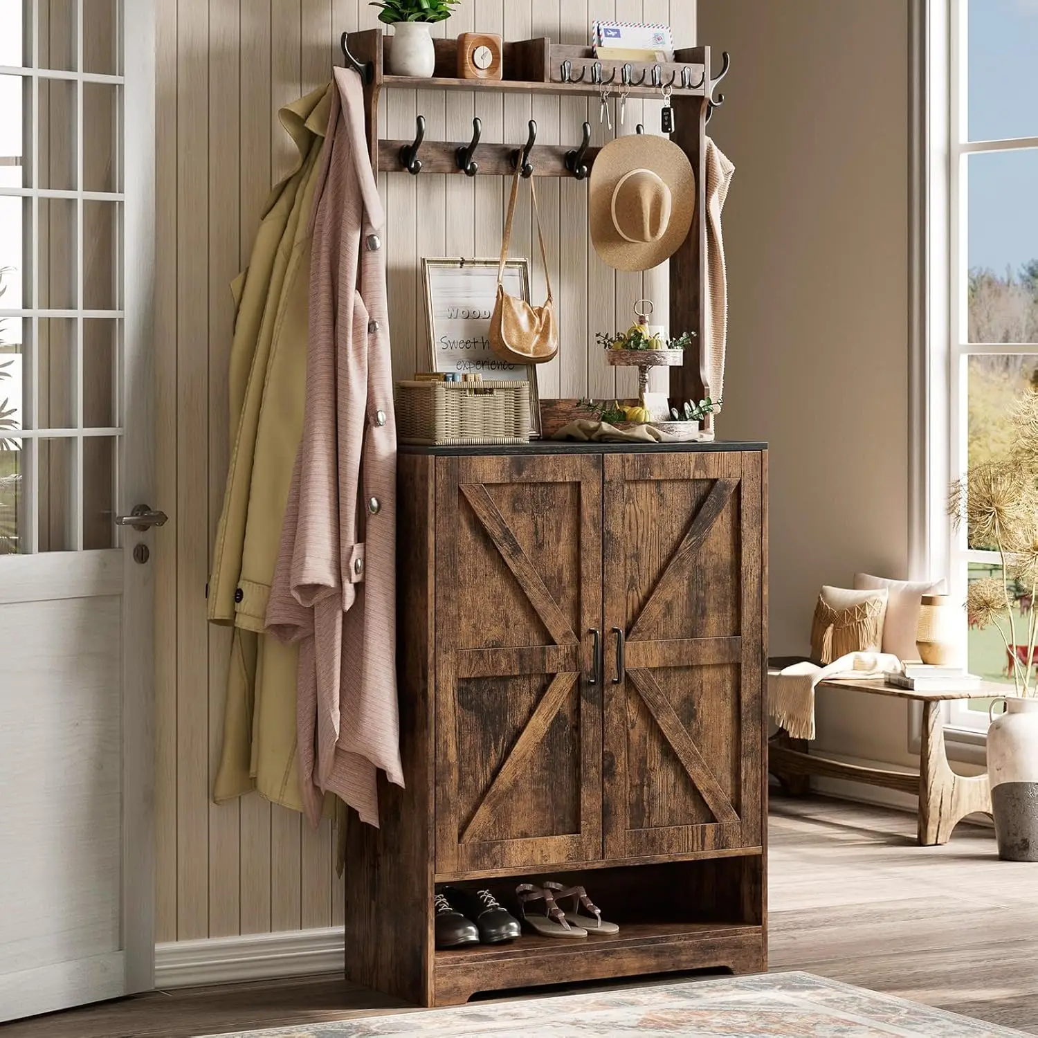 Farmhouse Hall Tree with Shoe Storage Cabinet, 14 Coat Hooks & 6 Tier Organizer, Rustic Brown