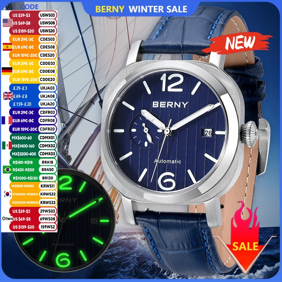 BERNY MIYOTA 8217 Automatic Watch for Men Mechanical Wristwatch Luminous 5ATM Waterproof 24 Hour Sapphire Sausage Dial Watch Men