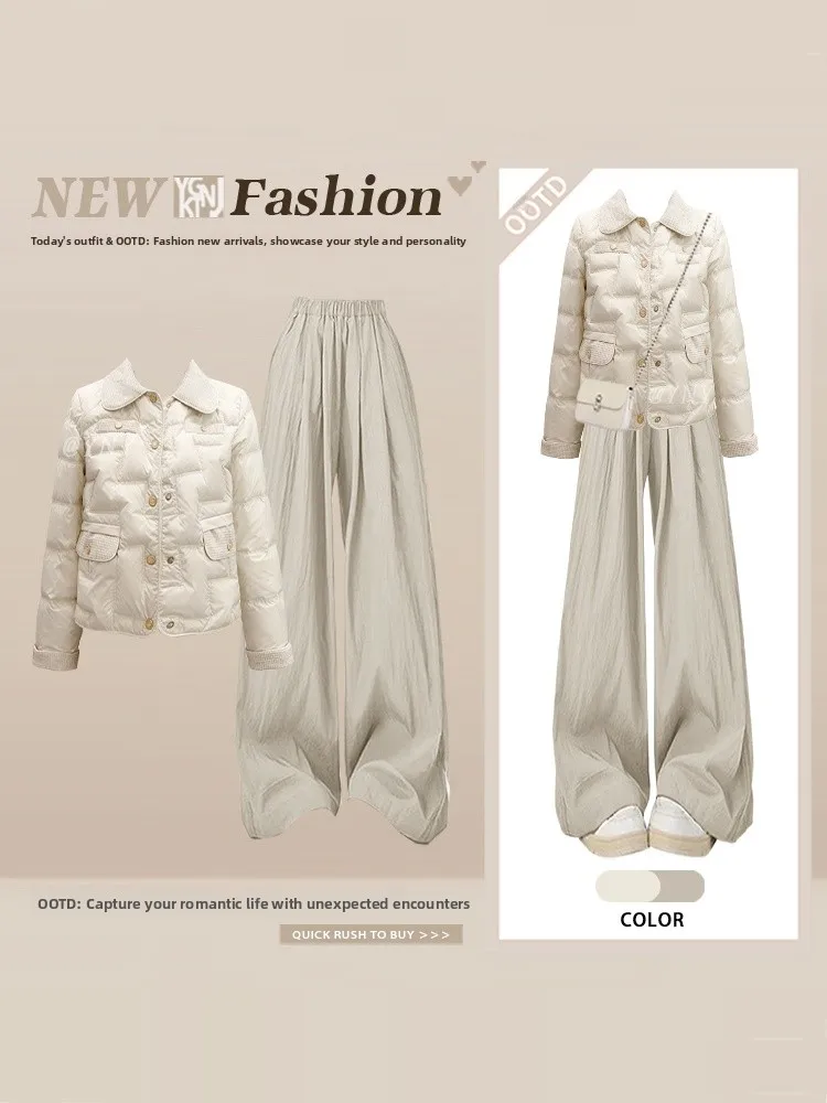 

Мягкий ветровой воротник, свободные, не пышные хлопковые тюэты, женские зимние утягивающие повседневные широкие брюки, комплект из двух предметов с высокой талией, длинный све