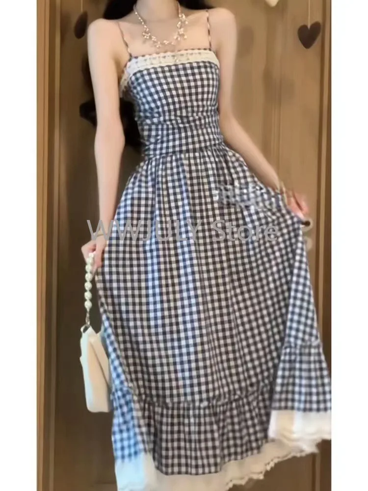 Woman Korean Fashion 2 Piece Set Pure Color Short Tops + Blue Plaid Sleeveless Midi Dress French Vacation Style Dress Harajuku