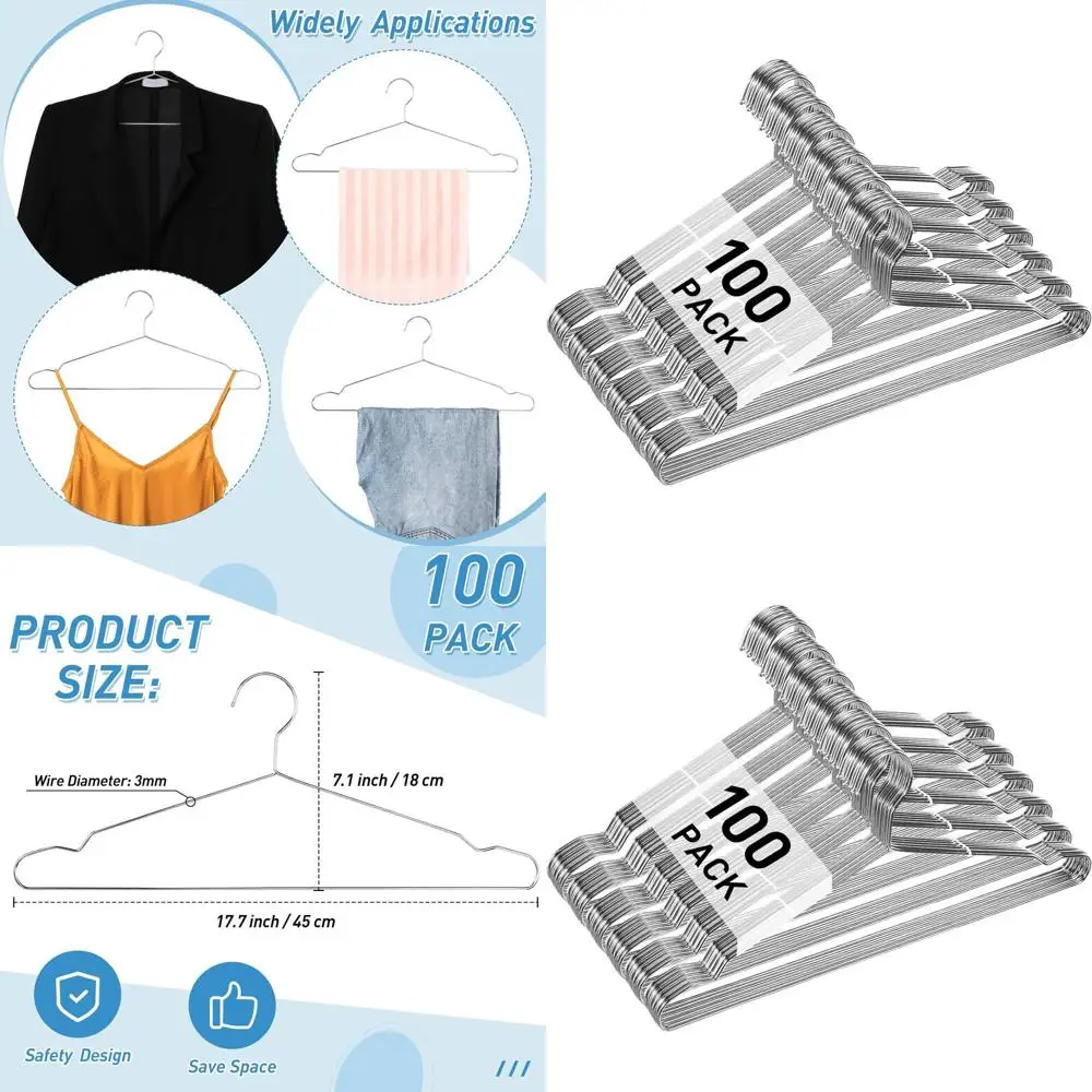 

100 Pack Stainless Steel Wire Hangers - Slim Design for Space-Saving, 17.7 for Coats, Suits, Dresses, and More (Silver)