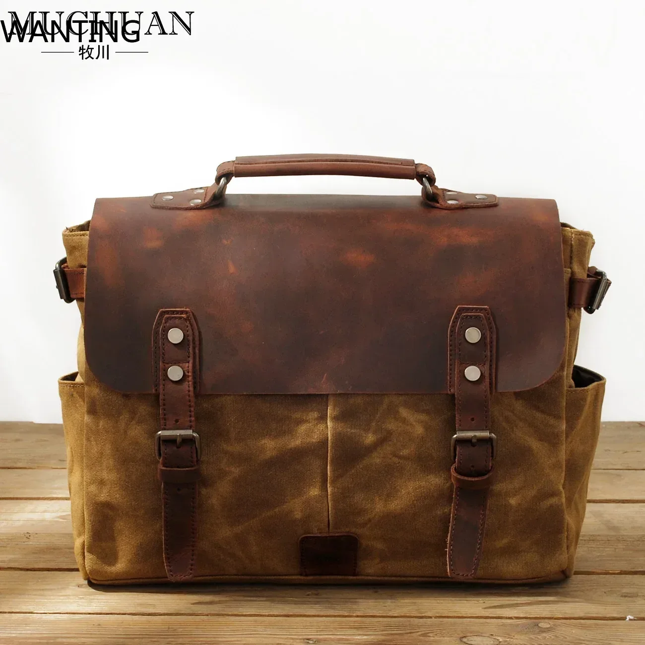 ヴィンテージバティックキャンバスとクレイジーホースレザーブリーフケースハンドバッグメンズバッグビジネストラベルショルダークロスボディバッグ
