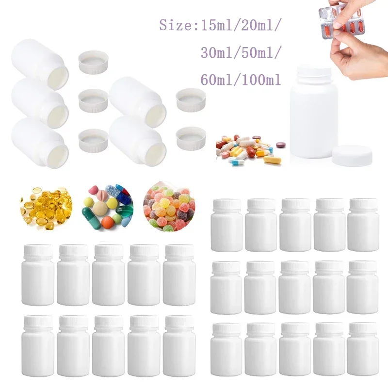 100Pcs 15ml-100ml White HDPE Plastic Pill Bottles Empty Refillable Portable Airtight Containers For Solid Powder sample Capsules