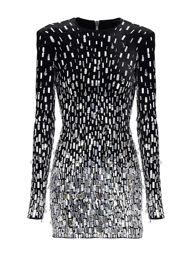 Diamond Dresses for Your Birthday 2024 Designer Women's Long Sleeve Luxurious Sequined Crystal Beaded Velvet Mini Party Dress