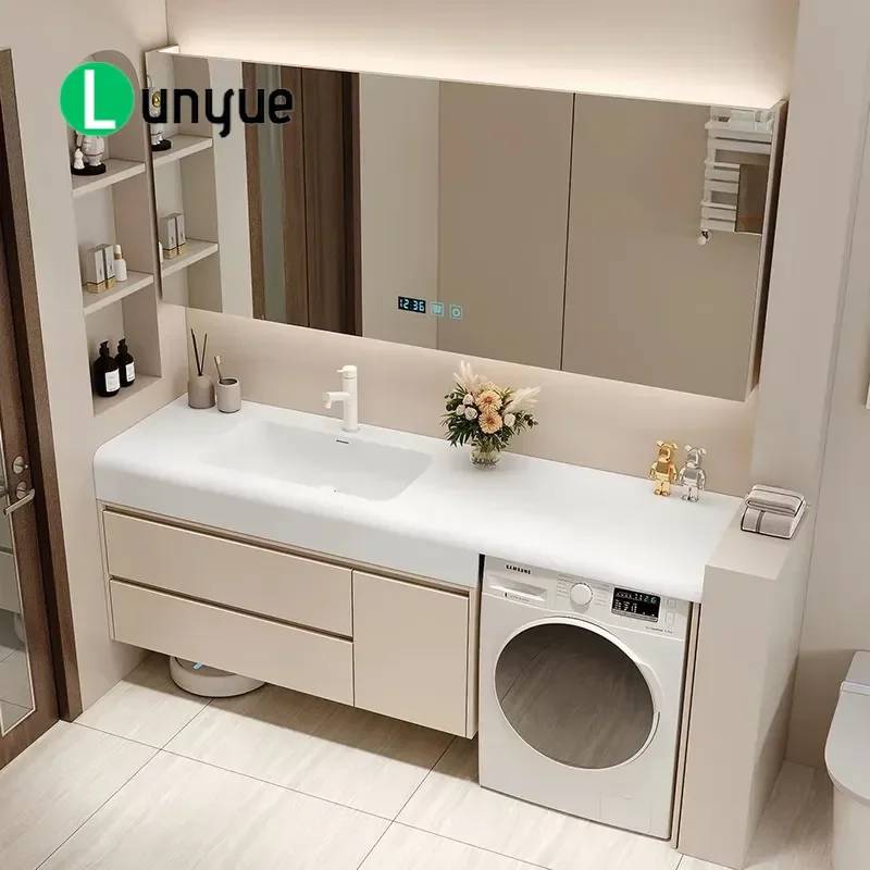 Light Luxury Bathroom Cabinet with Hot Bending Rock Slab Integrated Basin Washing Machine Combo Vanity Unit Modern Washbasin