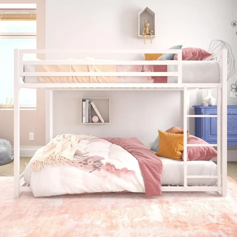 Miles Low Metal Bunk Bed Frame for Kids, With Built-in Ladder, High Guardrail and Metal Slats, Floor Bed Bottom Bunk