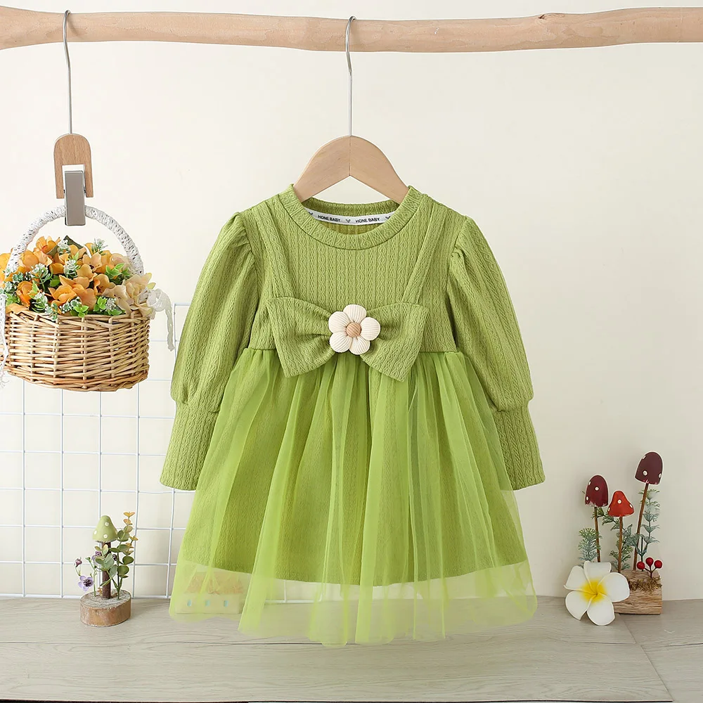 Autumn Girls' Long Sleeved Mesh Dress With Flower Bow Fake Two-Piece Knitted Patchwork Solid Color Princess Dress