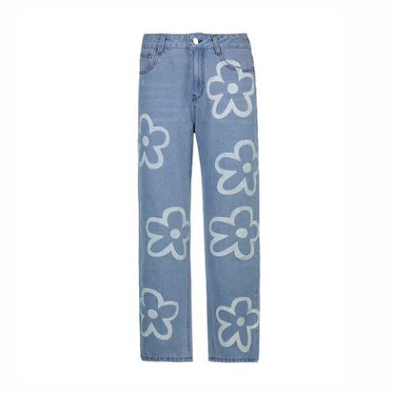 European and American Street Style Flower Graffiti Print High-waisted Straight-leg Thin Washed Jeans Women\'s 2024 New Trousers