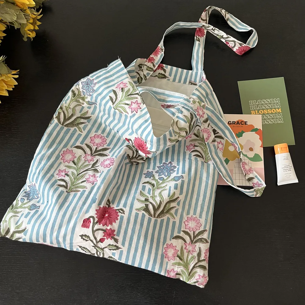 Printed and Dyed Cotton Fabric Eco-Friendly Bag - Blue Striped Floral Pattern Bag - Simple and Versatile Strapless Shoulder Bag