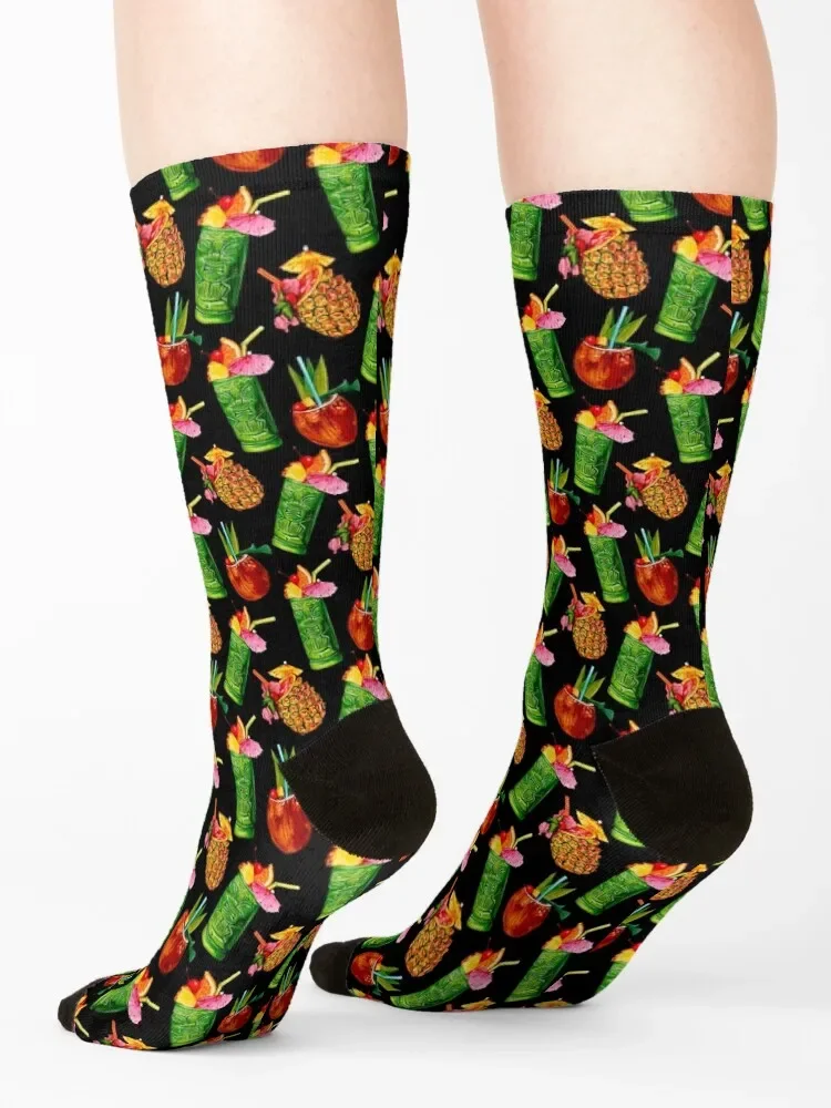 Chaussettes noires à motif de cocktail Tiki pour hommes et femmes, bas rétro d'été