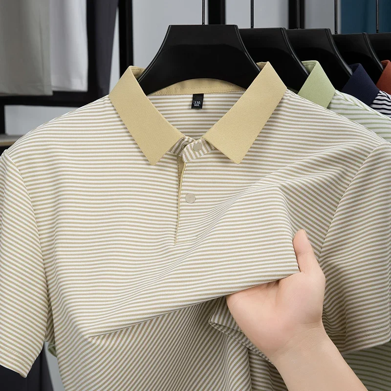 Mens Short Sleeve Fine Mini Horizontal Stripe Collar Polo Tees Solid Contrast Neck Trim Slim Fit Lightweight Fashion Tops Men