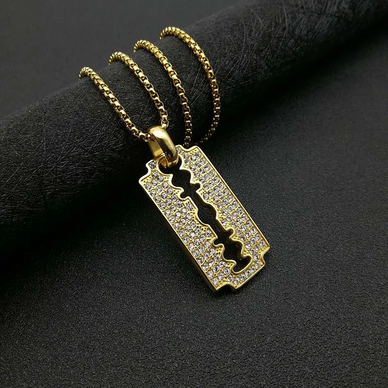 Trendy Titanium Steel Gold Plated Rhinestones Blade Pendant Necklace Creative Personality Men\'s Hip Hop Fashion Jewelry