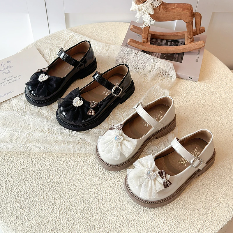 Girls Leather Shoes for Party Wedding Children Mary Jane Shoes with Lace Bow-knot Kids Princess Performance Shoes Non‑Slip
