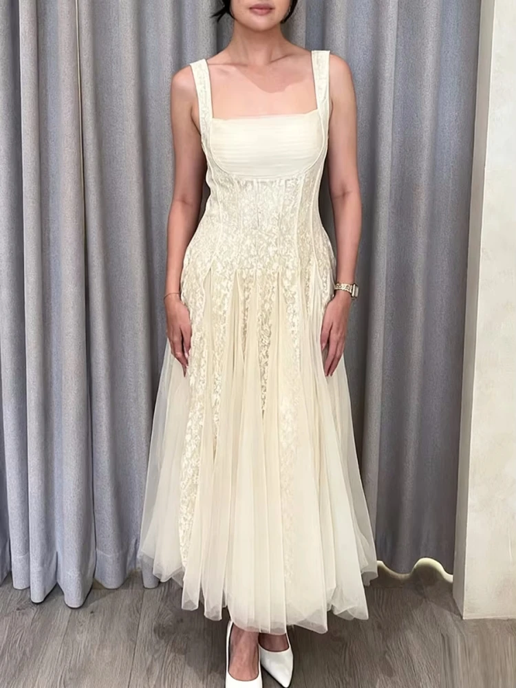 

Сексуальное длинное платье с квадратным вырезом и кружевом в стиле пэчворк, женское бежевое платье трапециевидной формы без рукавов с высокой талией, вечерние платья