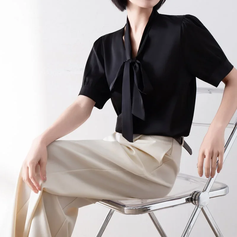 

Vintage Women's Blouses Solid French Shirts Fashion Loose Summer Korean Clothing Short Sleeved V-neck Satin Women Tops