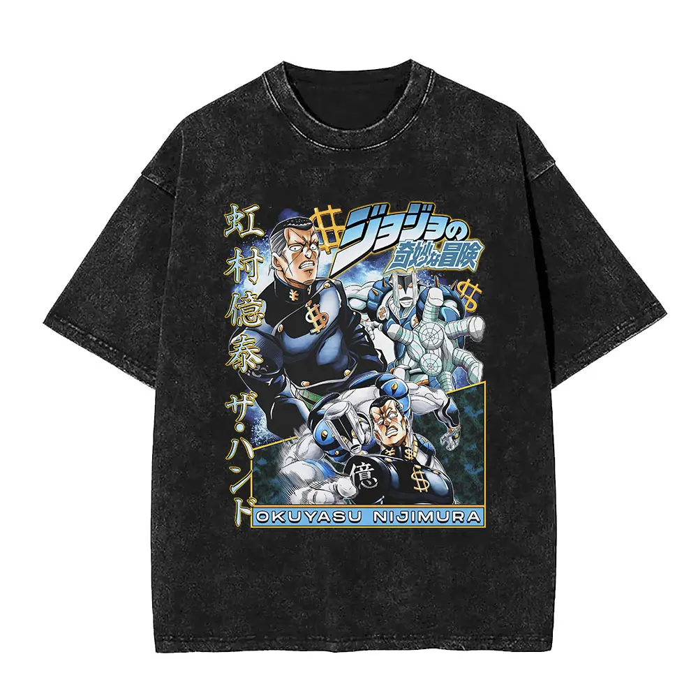 خمر غسلها أنيمي جوجو غريب مغامرة تي شيرت محمد أفول الجرافيك تي شيرت الرجال النساء القطن عادية المتضخم تي شيرت