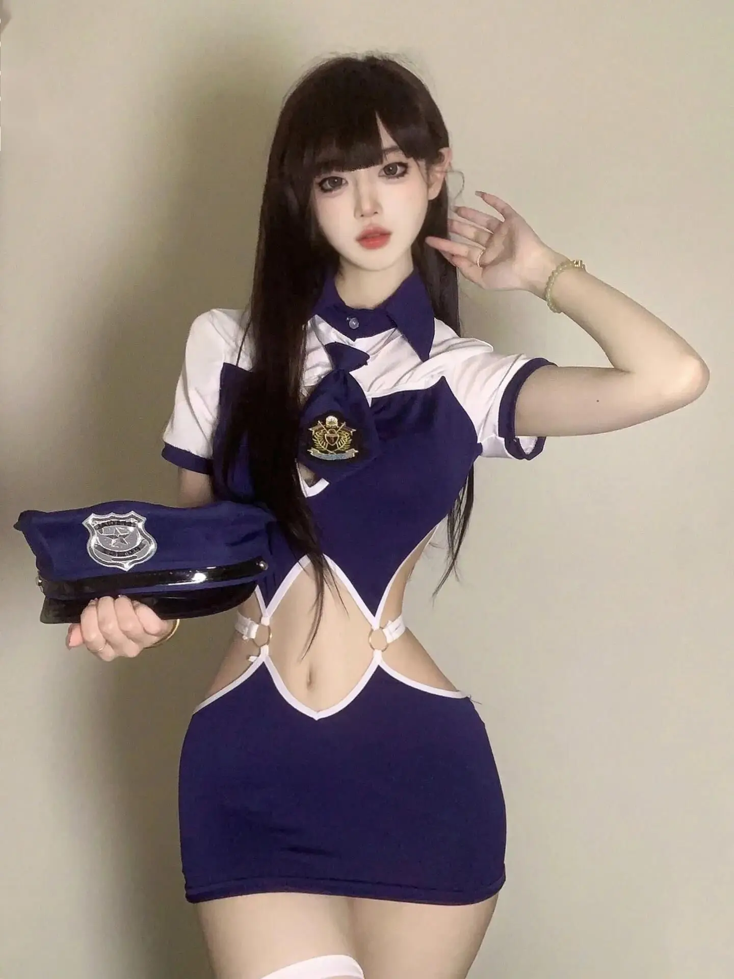 Navy Style Flight Attendant Female Officer Binding Uniform Role Playing Waist Hollow Out Splicing Dress Elegant Summer New Y15V