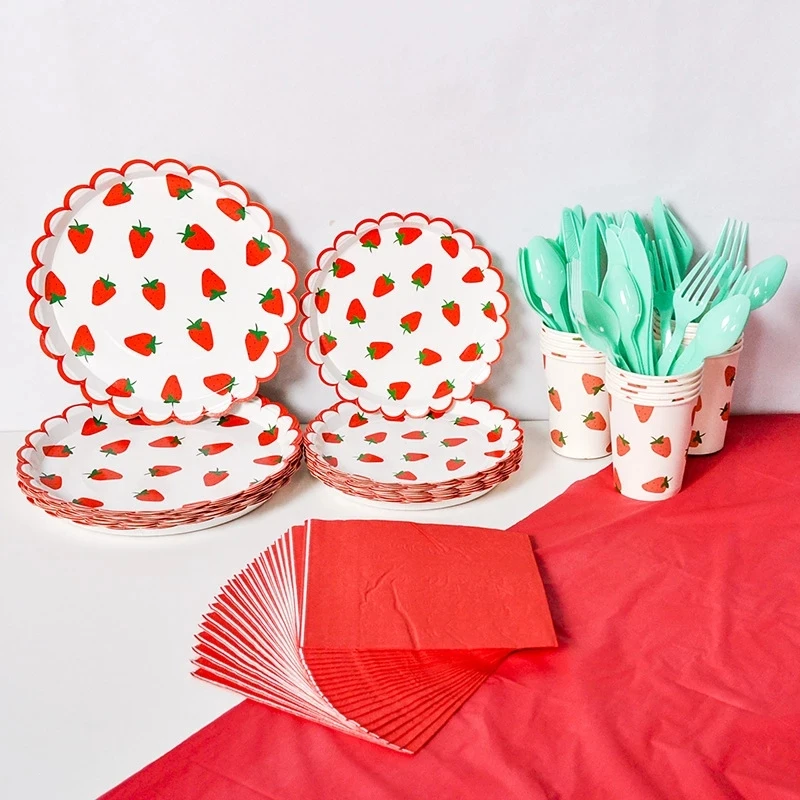 Strawberry Theme Party Disposable Tableware Birthday Party Decorations Girl Strawberry Party Baby Shower Decoration Supplies