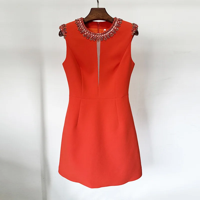 

2025 Spring and Summer New Fashion Heavy Industry Beaded Diamond Dress Fashion Round Neck Slim Temperament Party Vest Dresses