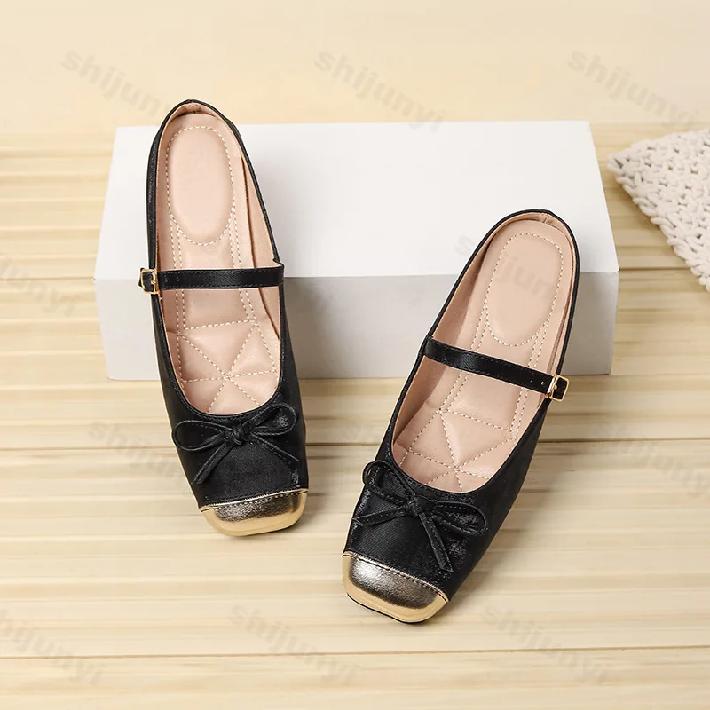 Flat bottomed color blocked bow design half slippers for women spring 2025 new elegant Mary Jane elegant casual cool slippers