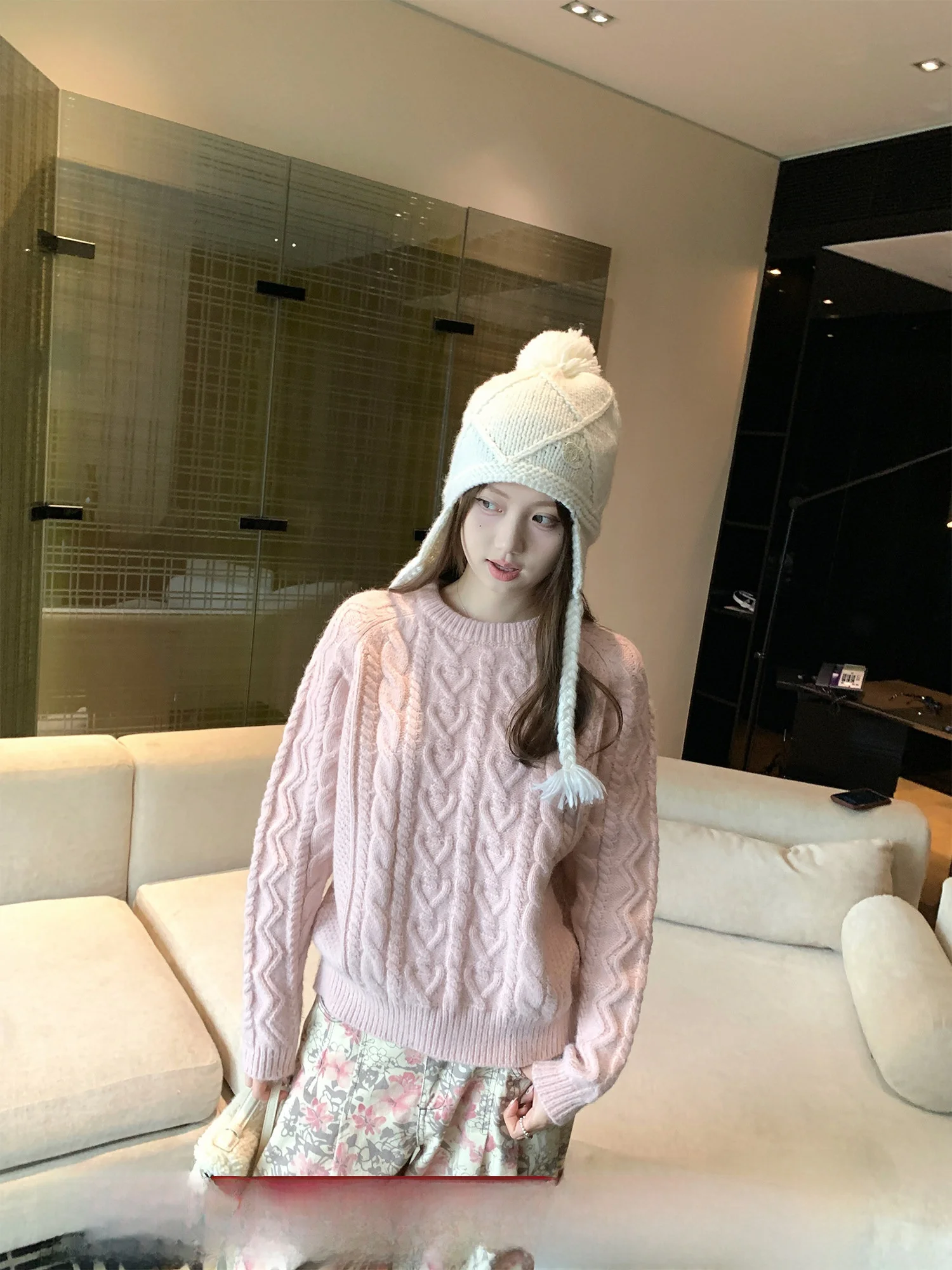

Thiened Pink Heart Logo Twisted Sweater Women's Sweet Sle Knitted Top Spring Winter New Arrival Straight Tube Long Sve