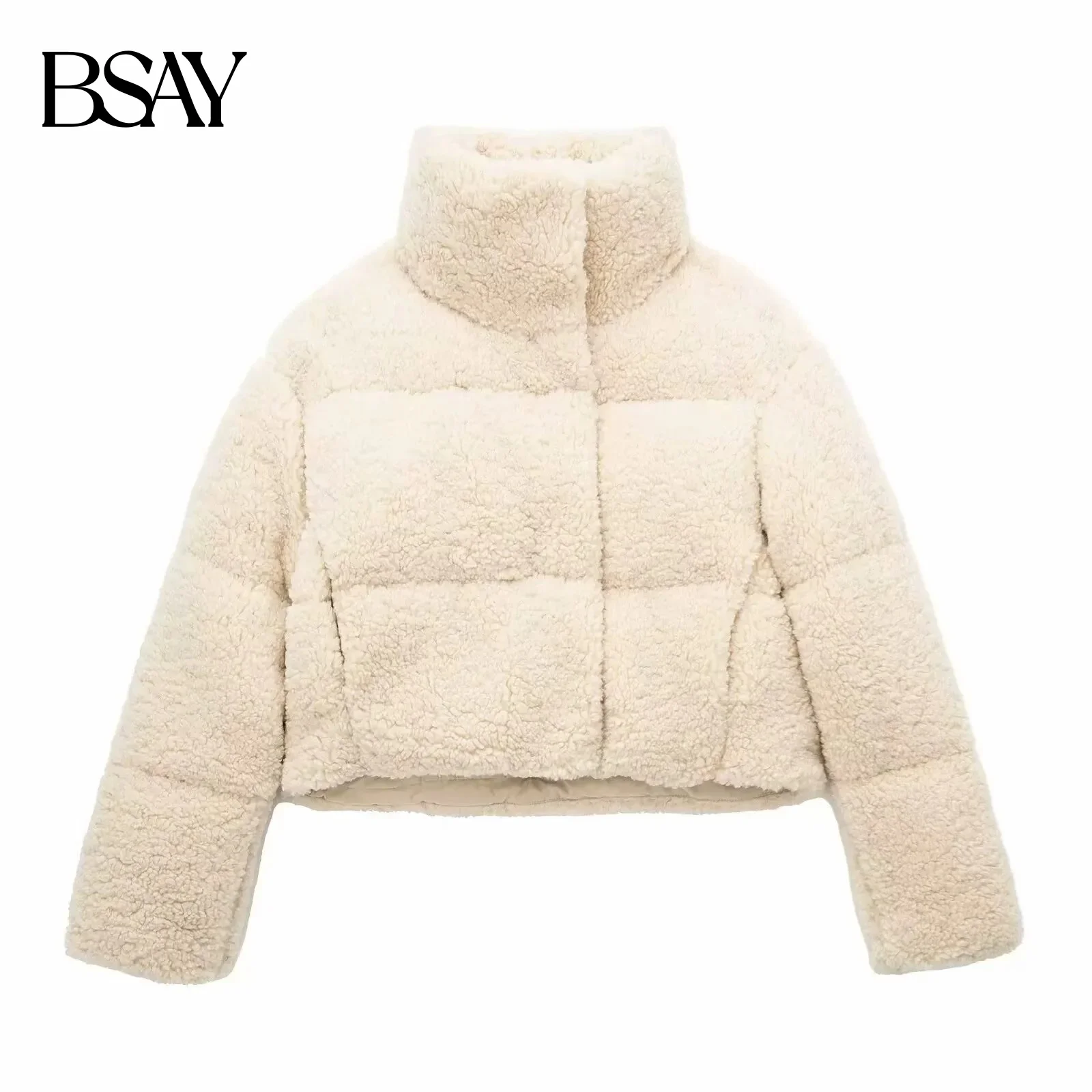 

BSAY Fleece Cotton Jacket for Women Fashion 2024 Winter New Long Sleeved Stand Collar Zip Short Coats Chic Ladies Tops Mujer