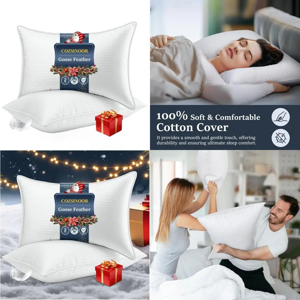 

Queen Size Goose Feather Pillows Set - 2 Pack, Luxury 600 Thread Count Cotton, Hypoallergenic Down Alternative for Comfortable S